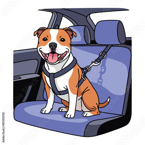 A dog sits on a blue car seat