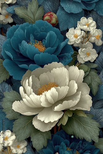 Vintage floral pattern in blue and gray with large peony blooms and delicate white flowers