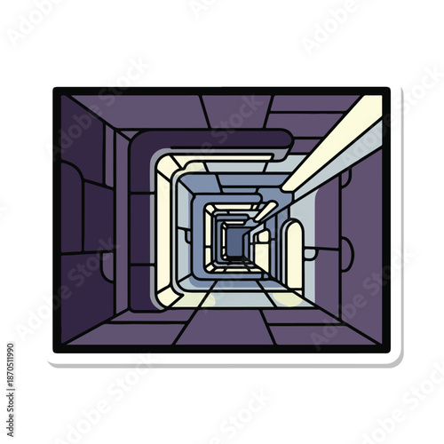 A futuristic purple corridor with multiple layers and archways