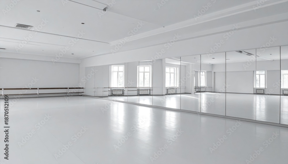 Obraz premium Empty bright dance studio with large mirrors and windows.