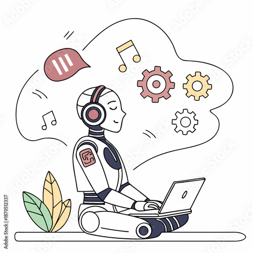 Robot working on laptop with creative thoughts and music
