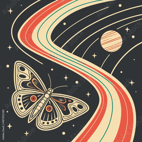 Vibrant butterfly soars through cosmic galaxy with stunning planet and starry night sky
