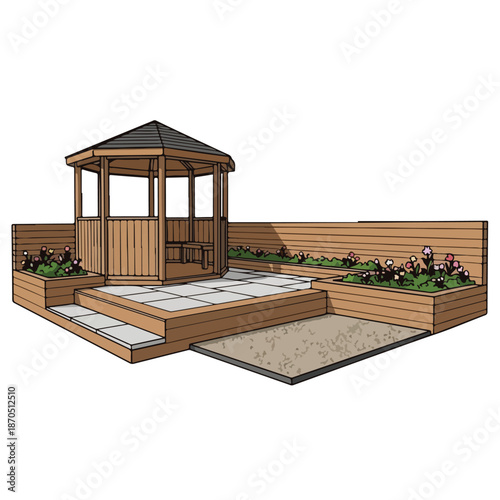 A gazebo in a backyard with a raised garden