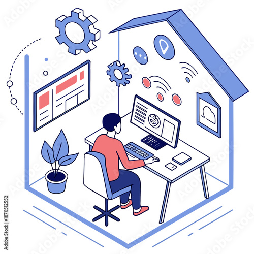 Remote worker in home office with computer and smart home devices