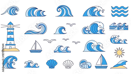 Set of vector sea icons featuring sailing ships and summer travel symbols like the sun and waves for beach vacation design