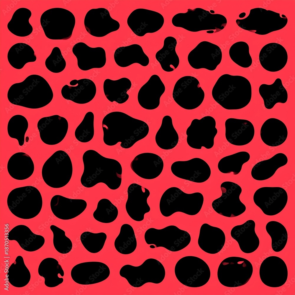 Fototapeta premium Array of black irregular shapes on a red background, arranged in a grid-like structure with varied forms and sizes