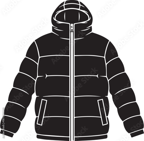 Hooded puffer jacket with horizontal quilted stripes silhouette vector black on a white background
