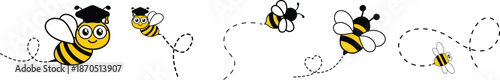 Bee With Dash Line Icon set. Captivating Dotted Lines Trace Spirals, Loops, and a Heart Shape Through the Sky. Flying bee route and line path on dotted route. Template design for invitation, cards.