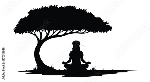 Silhouette of a person meditating peacefully under a large tree on a white background.