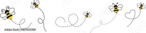 Bee With Dash Line Icon set. Captivating Dotted Lines Trace Spirals, Loops, and a Heart Shape Through the Sky. Flying bee route and line path on dotted route. Template design for invitation, cards.