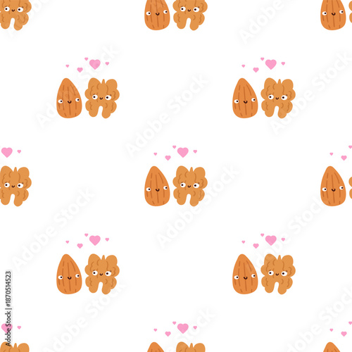 Almond and Walnut Friends Seamless Pattern Vector. Cute Nut Characters with Hearts for Children's Textile and Mixed Nut Packaging