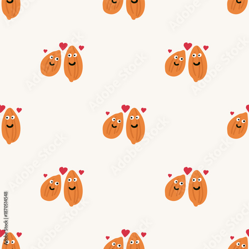 Two Smiling Almonds in Love Seamless Pattern Vector. Valentine's Day Background with Hearts for Romantic Decor and Packaging.