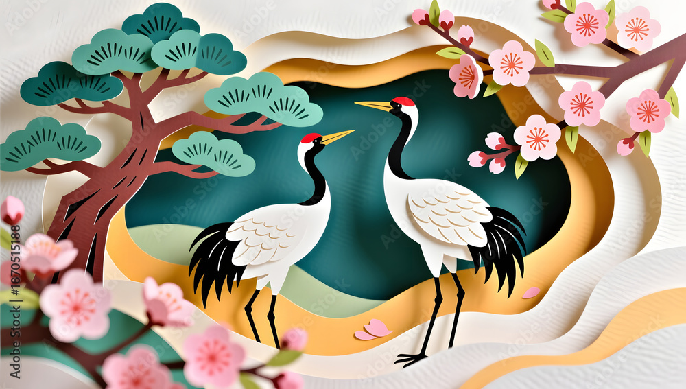 Naklejka premium Red-crowned crane and pine tree paper cut art