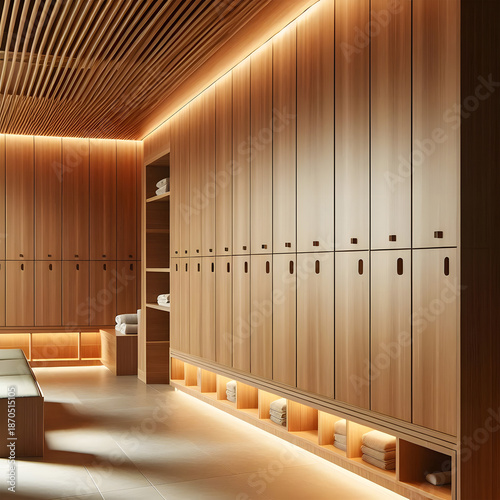 Wallpaper Mural Luxury gym locker room with rows of premium wooden storage.,Luxury gym locker room with rows Torontodigital.ca
