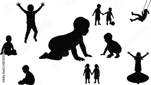 Children silhouette collection showing babies and kids playing, crawling jumping swinging vector illustration set for childhood activities, family design, education graphics