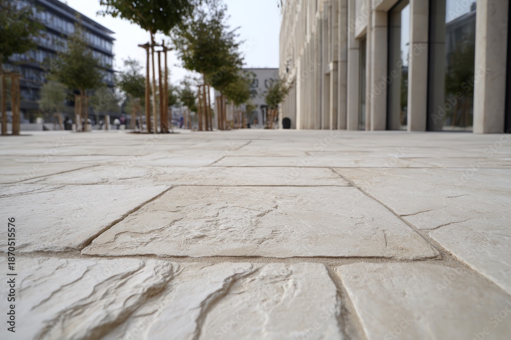 Fototapeta premium Textured stone pavement with a modern urban backdrop featuring trees and contemporary architecture, creating a serene outdoor atmosphere for relaxation and leisure activities