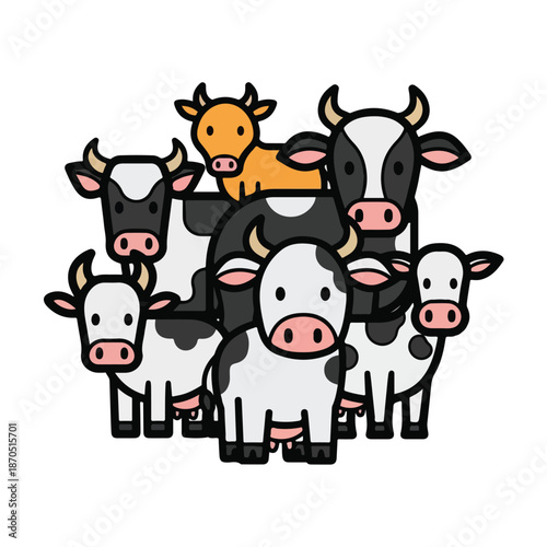 A group of seven cartoon cows