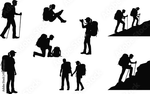 Hiking and backpacking silhouettes collection, outdoor adventure people trekking, camping, photography, mountain climbing activities, black vector illustration set for travel, nature, lifestyle 