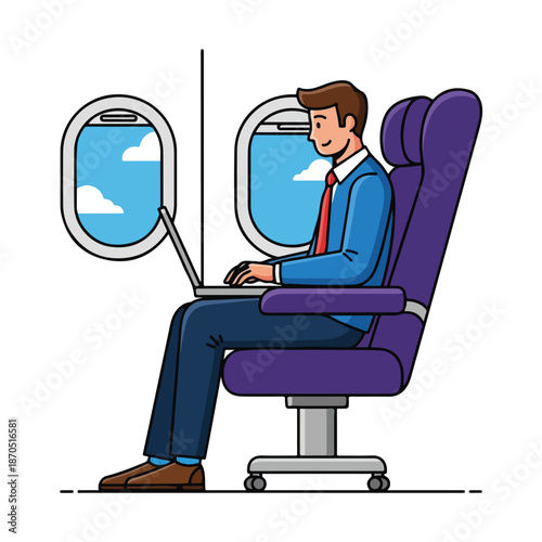 A man in business attire sitting on a purple airplane seat