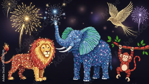 Vibrant illustration of lion elephant monkey and bird celebrating with fireworks at night with celebration and colorful and animals and wildlife