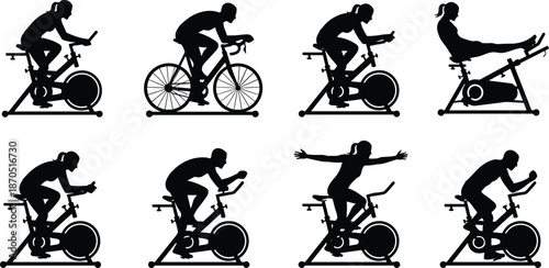 Indoor cycling silhouettes set, women exercising on stationary bikes in multiple workout poses, black fitness vector illustration collection for gym, health, training design