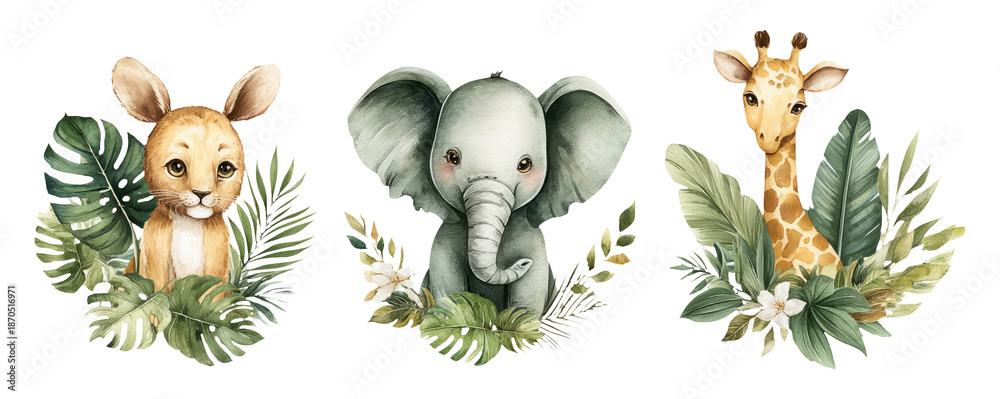 Obraz premium Playful Watercolor Animals with Botanical Accents for a Birthday Glow Theme
