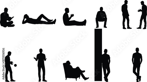 Male human silhouettes set, standing sitting reclining talking gestures, black people vector illustration collection for lifestyle, business, communication design, branding projects