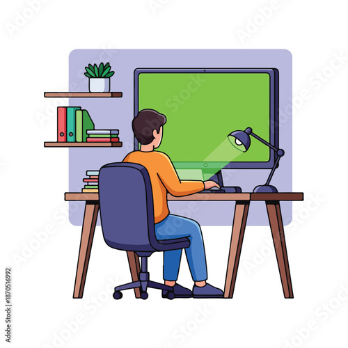 A man sits at a desk working on a computer