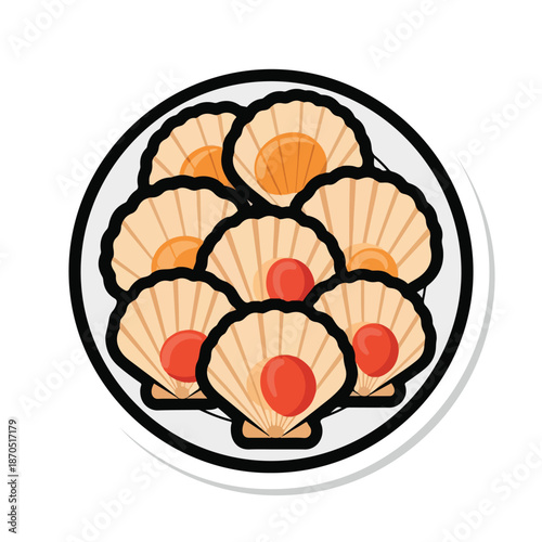 A plate of six cartoon scallops with red centers