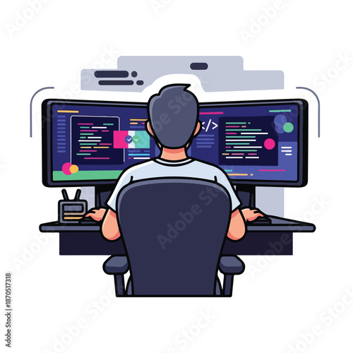 A man works on two computer screens