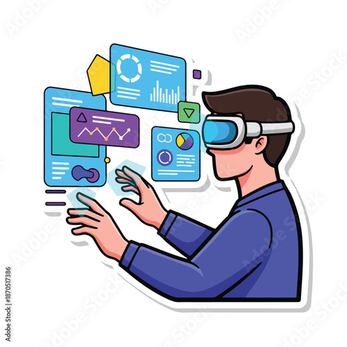 A man in VR headset interacting with virtual data