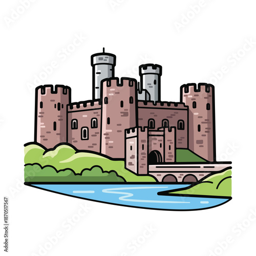 A medieval-style castle with towers and a bridge