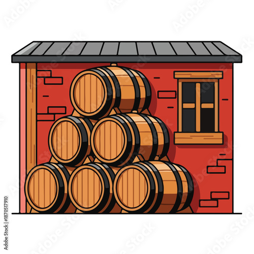 A red brick building with stacked wooden barrels