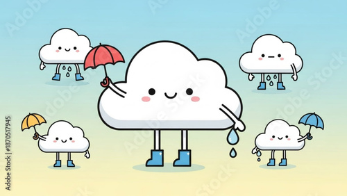 Cartoon clouds with umbrellas and rain boots standing on sandy ground with blue sky background with cute and weather and illustration and graphic