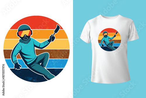 Peak thrills t shirt design featuring skier winter adventure awaits themed apparel vector template perfect for snow sports enthusiasts and frosty escapades