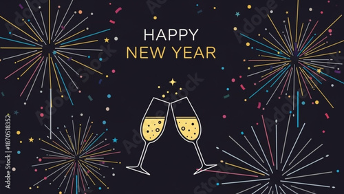 Happy new year celebration with champagne glasses and colorful fireworks on black background with party and festive and holiday and cheers and new years eve