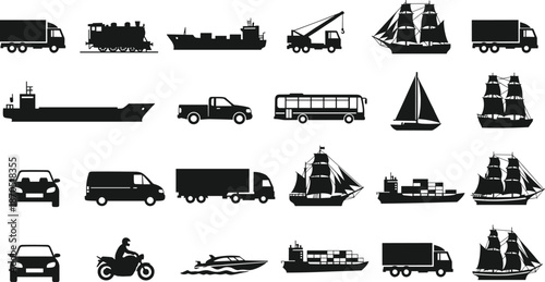 Transportation vehicle silhouettes collection, cars trucks ships trains boats and buses, black transport vector illustration set for logistics, travel, industry design
