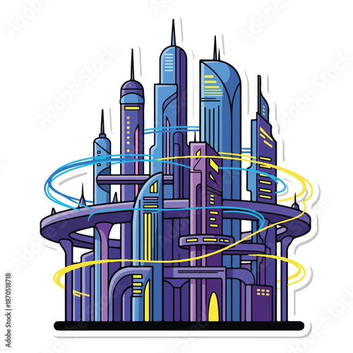 A futuristic cityscape with sleek towers and neon accents