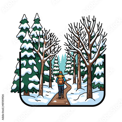 A person hikes on a snow-covered path through a forest