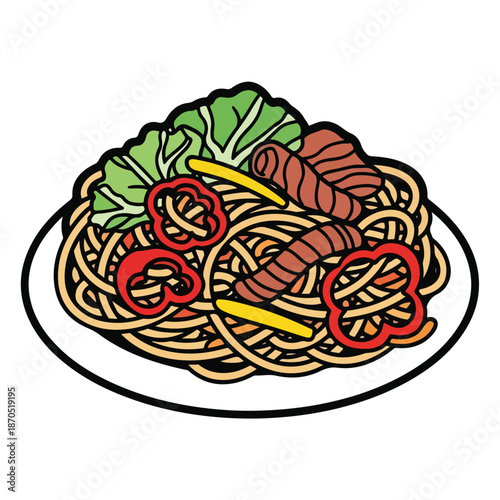 A plate of noodles with vegetables and meat