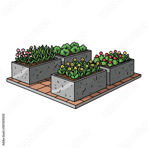 A garden with five planters on a wooden tray