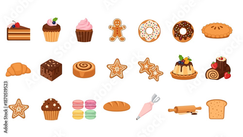 A vibrant collection of delicious baked goods and baking tools, perfect for a bakery or culinary theme.