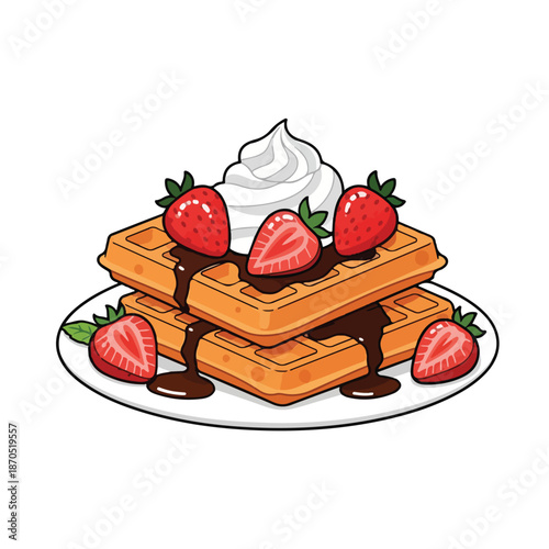 A plate of waffles with strawberries and chocolate sauce