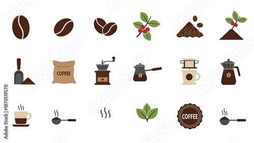 A collection of flat design icons representing various aspects of coffee production and consumption, from beans to brewing.