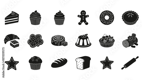 A collection of black and white icons representing various baked goods and baking tools, including cakes, pastries, bread, cookies, and kitchen utensils.