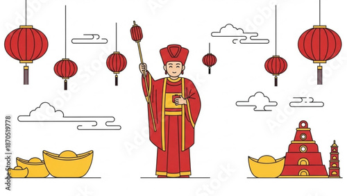 Chinese new year celebration with traditional lanterns and gold ingots with pagoda and festival and culture and traditional clothing and red