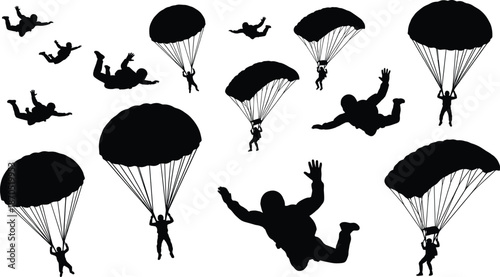 Skydiving and parachuting silhouette set, extreme sport freefall action, paratrooper jump poses, adventure aviation concept, black vector illustration isolated on white background