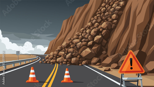 Vector Illustration of a Landslide Blocking a Highway, Warning Signs and Traffic Cones