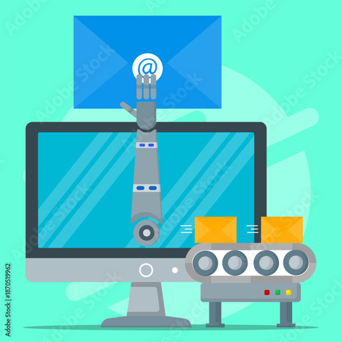 Automation email processing concept with a robotic hand managing digital messages on a computer screen and email production on conveyor. Smart inbox management and efficient communication systems.