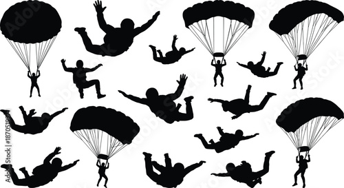 Skydiving and parachuting silhouettes set showing freefall skydivers with open parachutes extreme sport adventure action isolated on white background vector illustration collection design elements